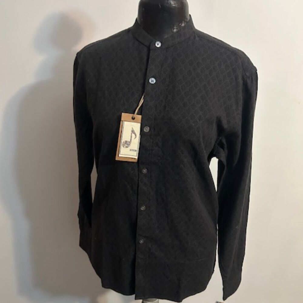 Stitch Note Black mandarin collar texture patterned shirt, size S